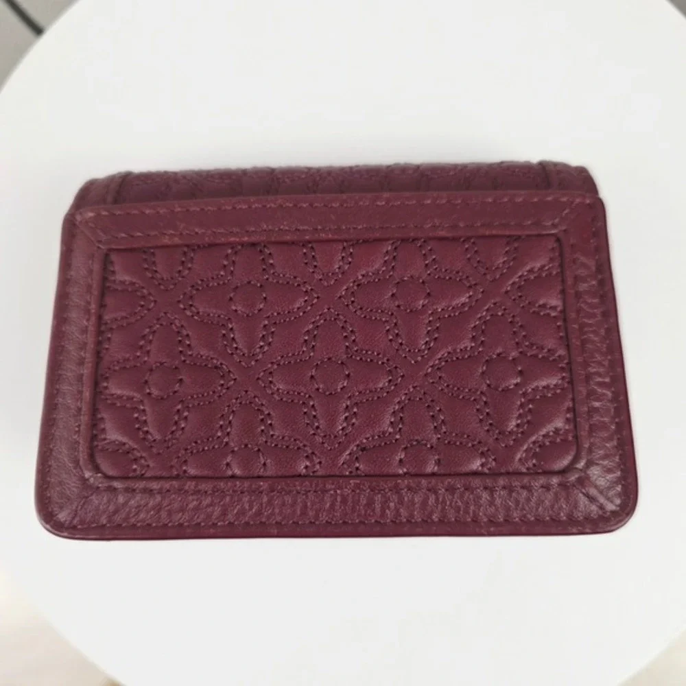 Tory Burch Bryant Quilted Leather Card Key Case Wallet Pouch Burgundy Medallion